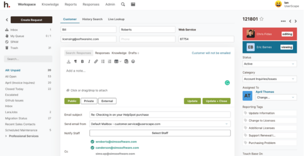 HelpSpot overview: See who is viewing or editing a piece.