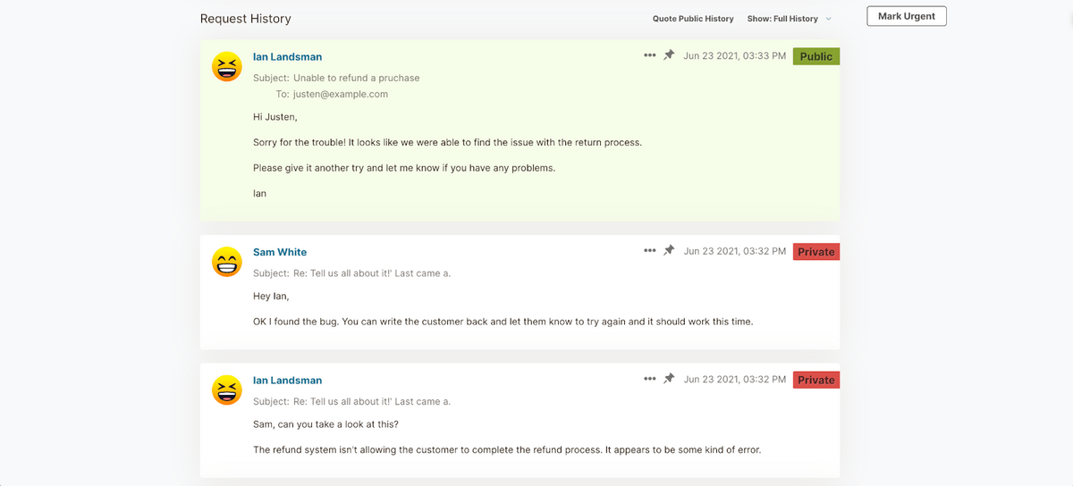 HelpSpot Request History comments